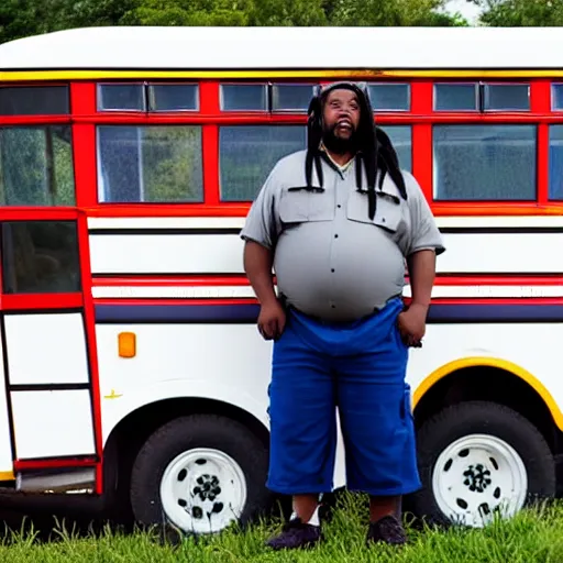 Prompt: overweight african american male school bus driver with dreads, wearing shorts with chubby legs, big moe, symmetric face, photo, posing in front of schoolbus