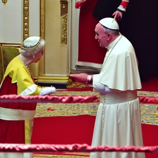 Image similar to the queen of england viciously attacks the pope in a boxing ring