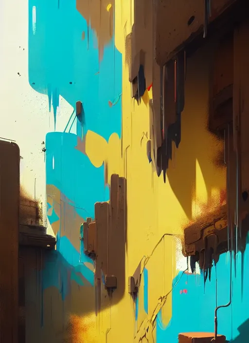 Image similar to matte painting extreme offset 3 d calligraphy graffiti mural dripping paint wall extreme maximalism by atey ghailan, by greg rutkowski, by greg tocchini, by james gilliard, by joe fenton, yellow, brown, black and cyan color scheme, octane render