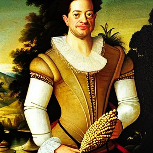 Image similar to a 1 6 0 0 s portrait painting of brendan fraser holding corn, intricate, elegant, highly detailed