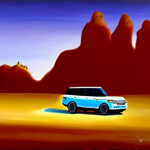 Prompt: a range rover in the desert with mountains in the back during a beautiful sunset in the style of Salvador Dalí, oil on canvas