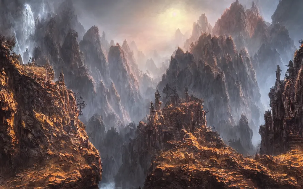 Image similar to a beautiful hyper realistic detailed matte painting of the entrance to a dungeon of the gods at the base of an ancient mountain, dramatic lighting, dynamic cinematic lighting, lit by morning light, by finnian macmanus and jessica rossier, unreal engine, featured on art station, ultrawide angle, f 8, polarizer filter : 1 0