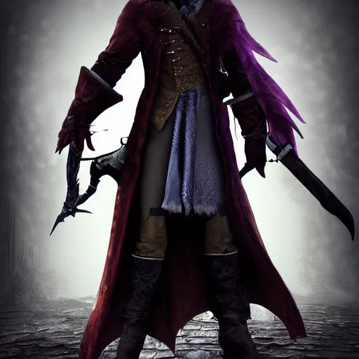 Image similar to an ultra detailed 3 d illustration of the hunter from bloodborne dressed as darkwing duck, let's get dangerous, in the style animation of darkwing duck, digital art, dark fantasy, concept art, soulslike, by alphonse mucha, blood moon eclipse, ominous night mist, unreal engine, octane render, artstation, 8 k