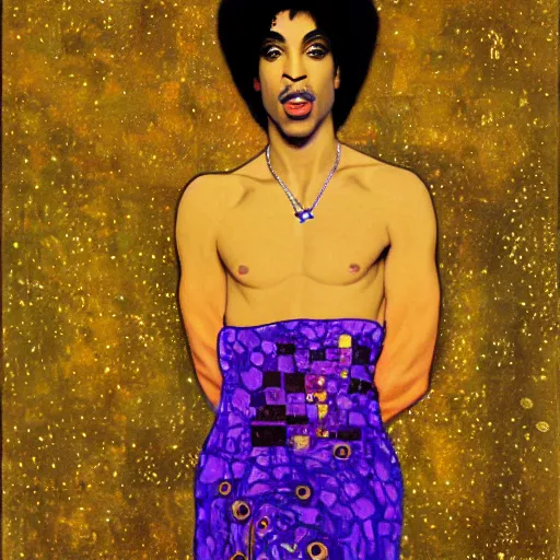 Prompt: a painting of Prince in the style of Klimt. Gold color scheme