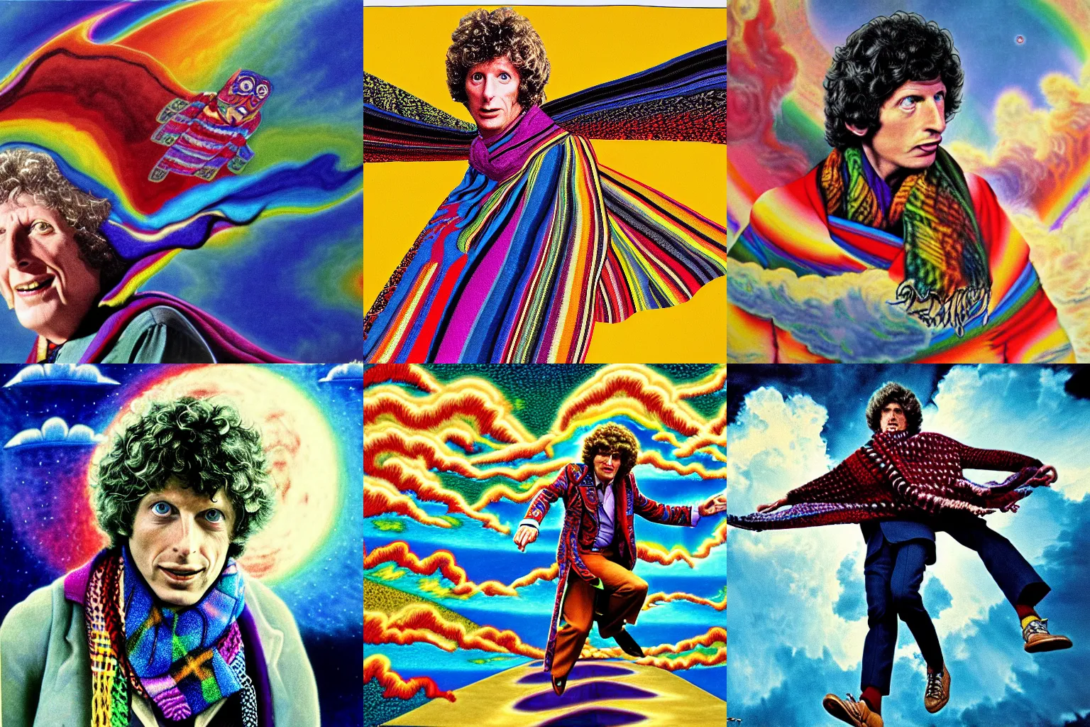 Prompt: tom baker using his scarf to fly, psychedelic, clouds, 4 k, intricate high details, sharp, 1 9 7 7