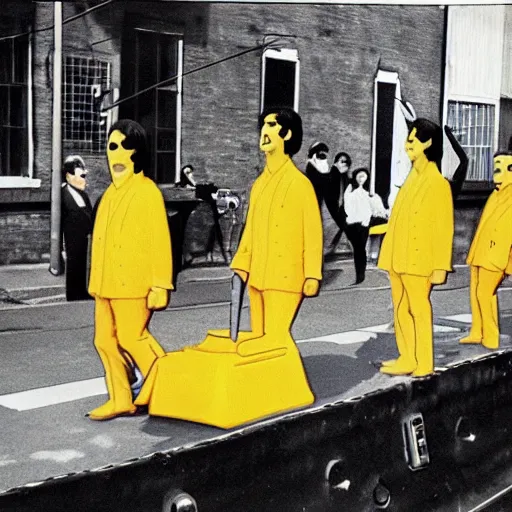 Image similar to the beatles performing yellow submarine on the street