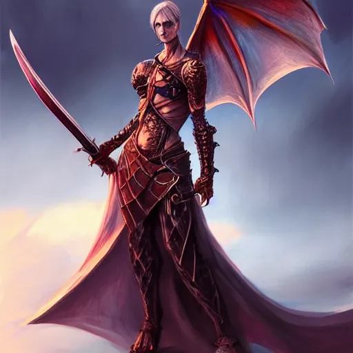 Image similar to a woman holding a sword with a dragon on it, concept art by Ami Thompson, contest winner, fantasy art, official art, concept art, high detail, experimental, high quality, 4k