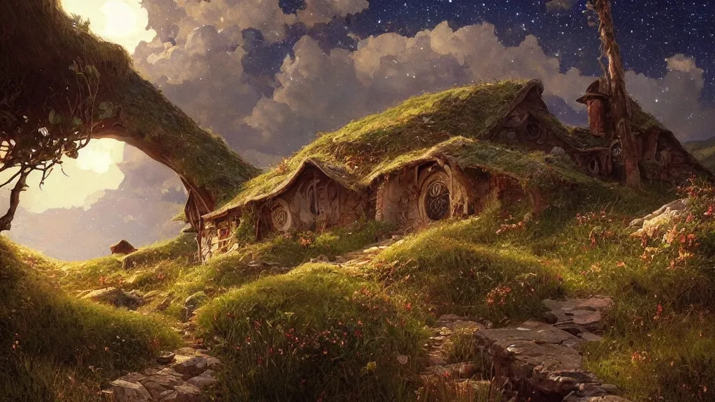 Prompt: a beautiful painting of hills in the shire with round hobbit doors and windows, at night with a sky full of stars, intricate, elegant, highly detailed, digital painting, artstation, concept art, by krenz cushart and artem demura and alphonse mucha