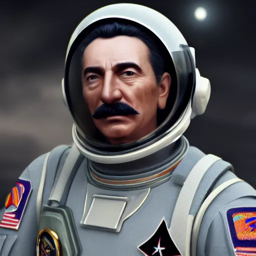 Prompt: Cinematic shot of Joseph Stalin astronaut, hd 4k, AAA game, octane render