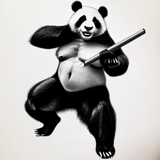 Image similar to muscular buff panda, highly detailed, pencil sketch