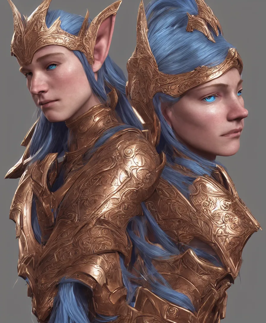 Image similar to a beautiful and highly detailed digital portrait of a dignified female elven paladin with blue hair in rose gold armor by clint cearley, headshot, centered, artsation contest winner, artstation hd, cgsociety, fantasy art, cryengine, concept art, photorealism, daz 3 d, sketchfab, zbrush, vray