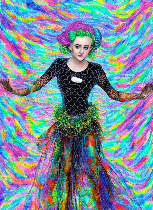 Image similar to surrealism psychedelic full body portrait sketch of evanna lynch as delirium of the endless in fishnet top and rainbow tutu skirt from the sandman, floating goldfish, green and blue eye heterochromia by alex ross, josh kirby, detailed, elegant, intricate