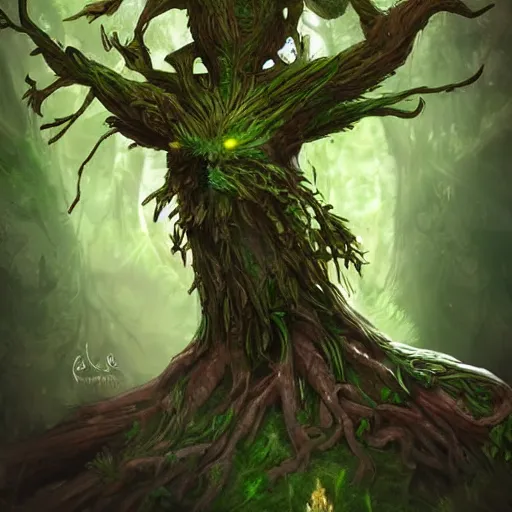 Image similar to green old treant, treant made of leaves and roots, old tree, old humanoid ents, epic fantasy style, green theme, forest background, hearthstone artwork