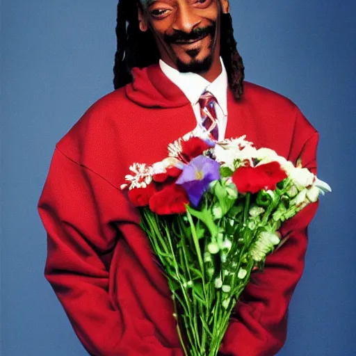 Image similar to Snoop Dogg grinning while holding a Vase of flowers for a 1990s sitcom tv show, Studio Photograph, portrait, evil grin C 12.0