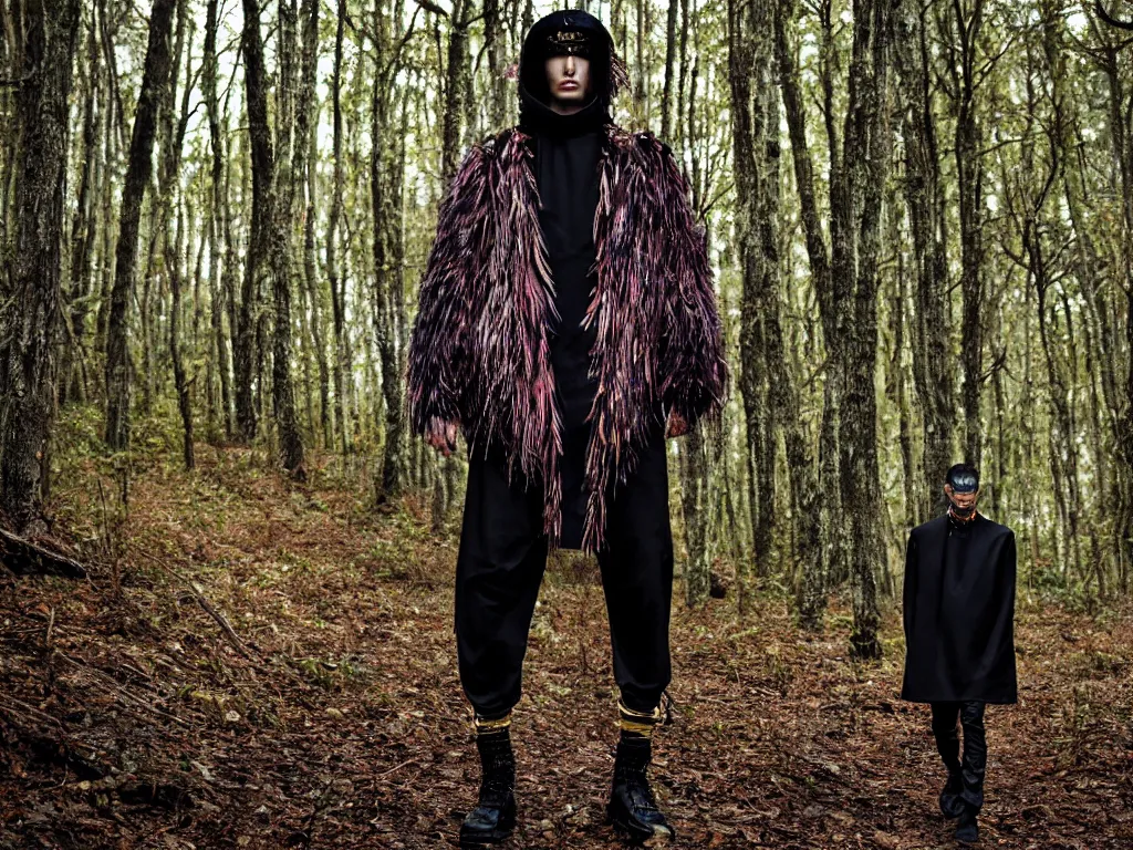 Prompt: versace avant garde oversized jacket arctic fur gold necklace textiles streetwear cyberpunk indigenous commanche descendant shaved head in the woods overcast late evening dramatic professional color 8 k hdr