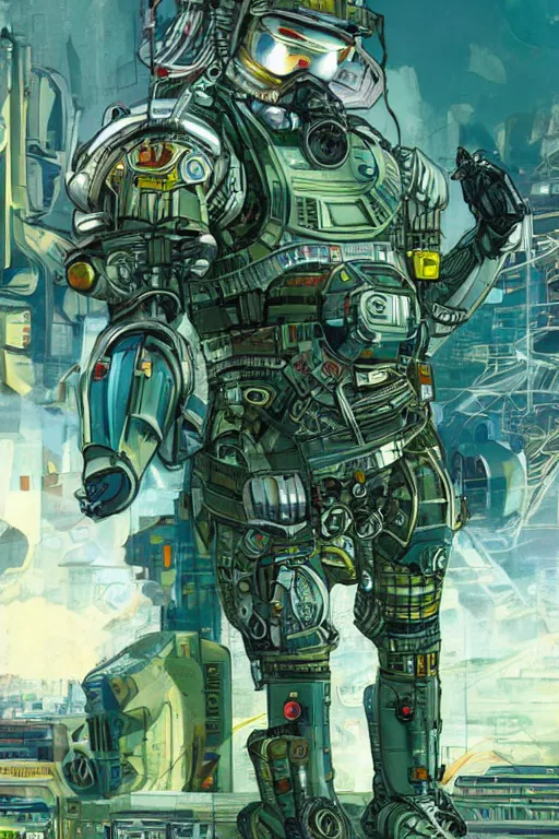 Image similar to post-soviet armored military android on a hyper-maximalist overdetailed retrofuturist scifi bookcover illustration from '70s. Biopunk, solarpunk style.