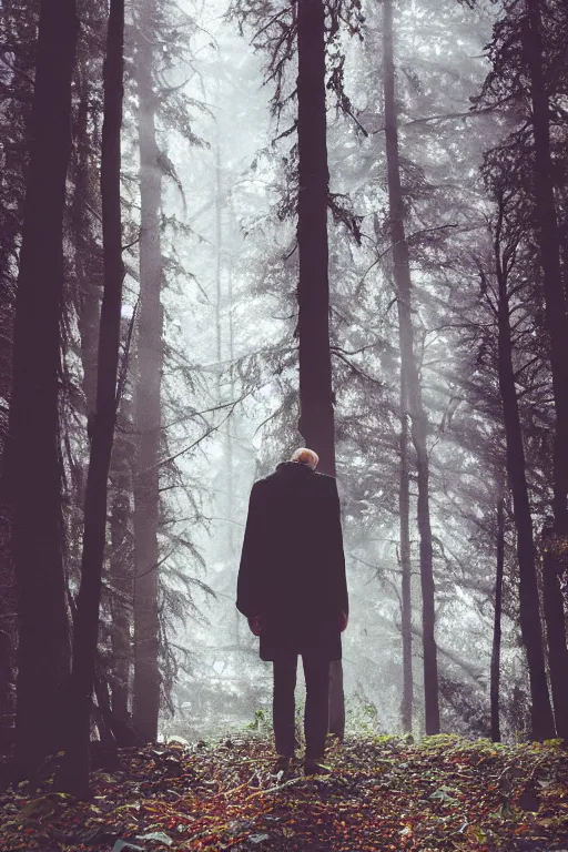 Image similar to kodak portra 4 0 0 photograph of a guy wearing a kings crown standing in a dark fantasy forest, back view, lens flare, moody lighting, moody vibe, telephoto, 9 0 s vibe, blurry background, grain, tranquil, calm, faded!,