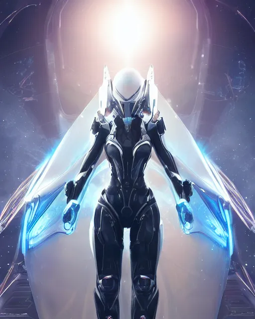 Image similar to photo of a beautiful girl on a mothership, android, warframe armor, pretty face, scifi, futuristic, galaxy, raytracing, dreamy, perfect, aura of light, pure, white hair, blue cyborg eyes, glow, insanely detailed, artstation, innocent look, art by gauthier leblanc, kazuya takahashi, huifeng huang