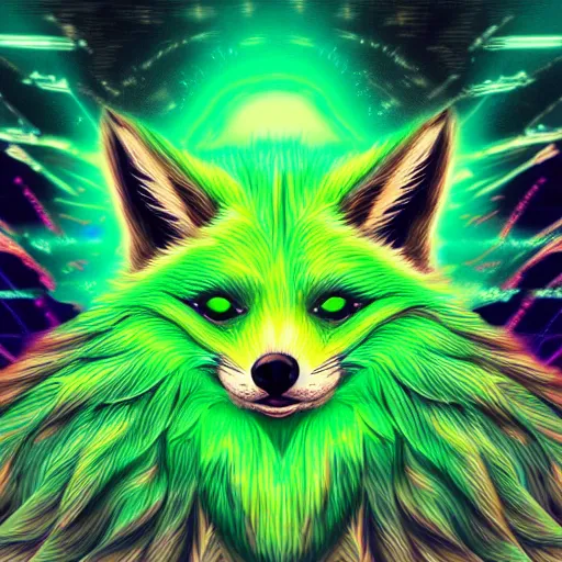 Prompt: digital green fox, retrowave green palette, digital green world, highly detailed, electric breeze, anatomically correct green vulpine, synth feel, fluffy face, ear floof, flowing fur, super realism, accurate animal imagery, 4 k digital art