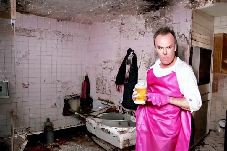 Image similar to michael keaton as batman wearing pink frilly apron offering free beer in dirty disgusting brown bathroom with cracked tiles and mold, atmospheric eerie lighting, dim lighting, bodycam footage, motion blur, blurry photography