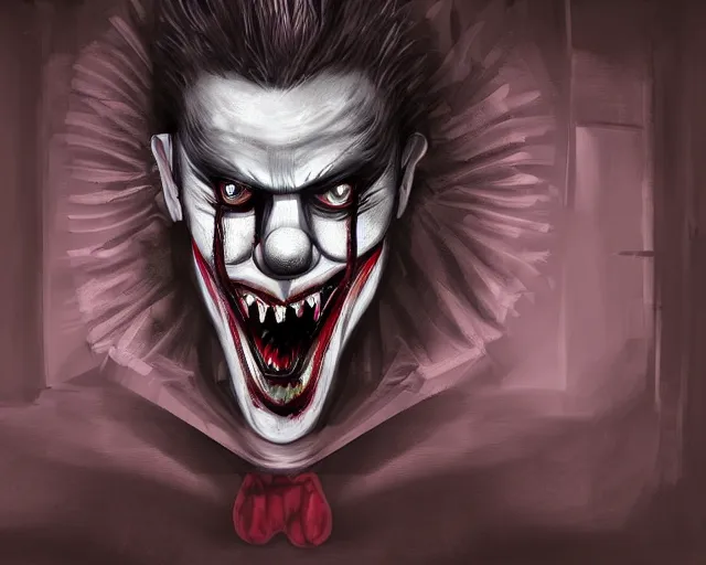 Image similar to evil vampire clown in a basement, digital art, dramatic