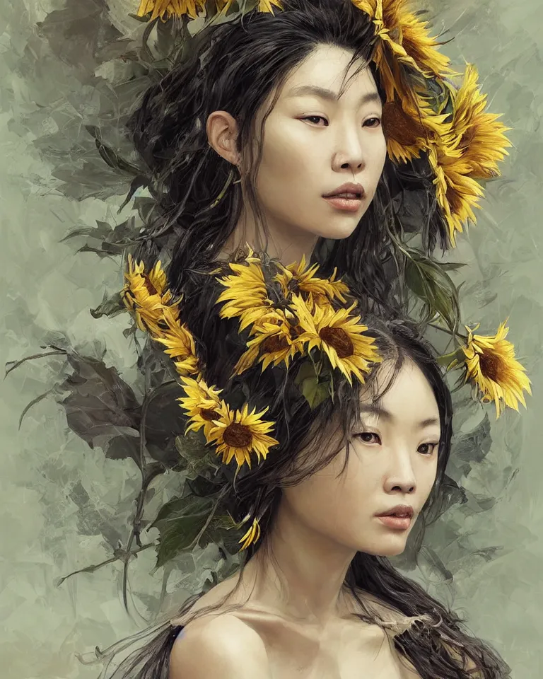 Prompt: a professional painting of the Sunflower Goddess, beautiful and wise-looking east-asian woman, olive skin, beautiful bone structure, symmetrical facial features, intricate, elegant, digital painting, concept art, smooth, sharp focus, illustration, art style by Ruan Jia and Mandy Jurgens and Artgerm and William-Adolphe Bouguerea