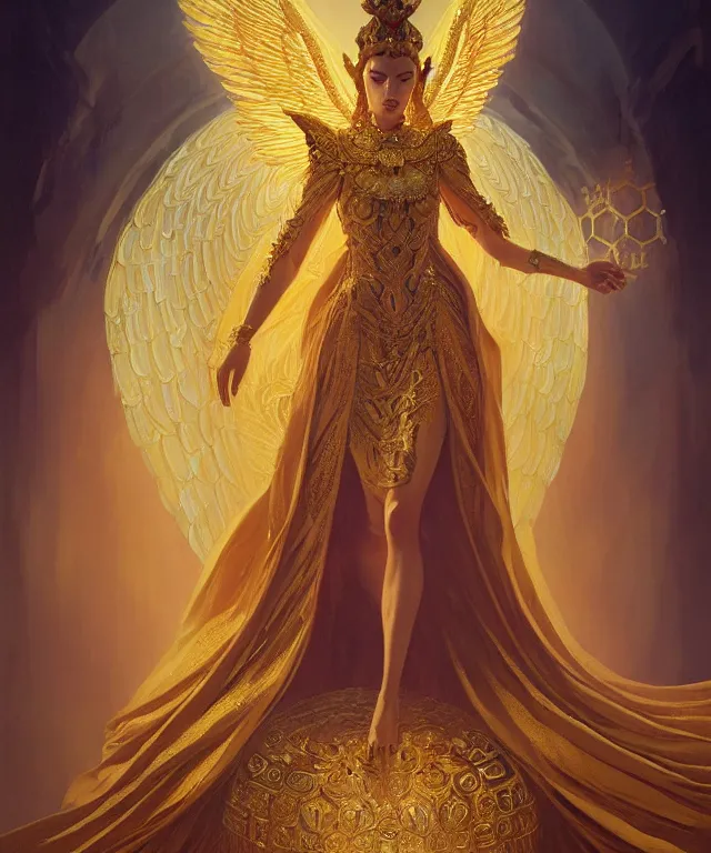 Image similar to a ultradetailed painting of a beautiful! empress, symmetrical features, golden ornate dress, angelic wings, magical realism, by greg rutkowski and karol bak, volumetric lighting, 4 k