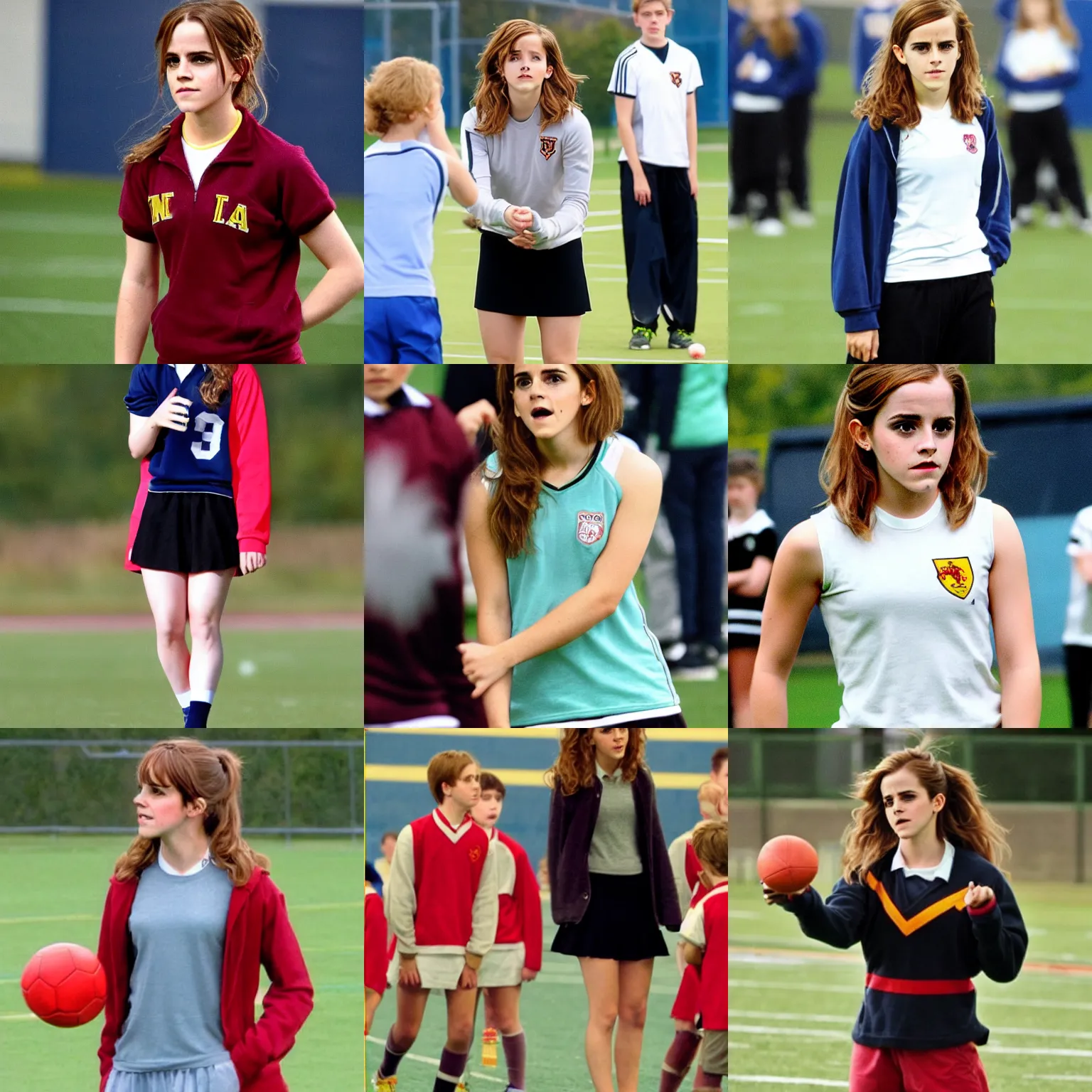 Prompt: Emma Watson/Hermione Granger as a P.E. teacher, teaching football