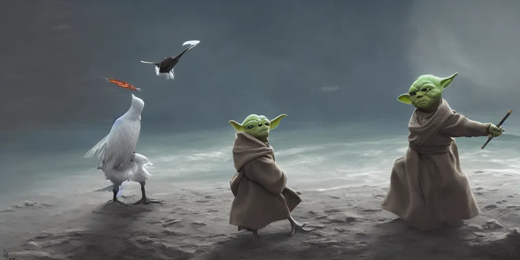 Image similar to Yoda smacking a seagull with a stick, hyperdetailed, artstation, cgsociety, 8k