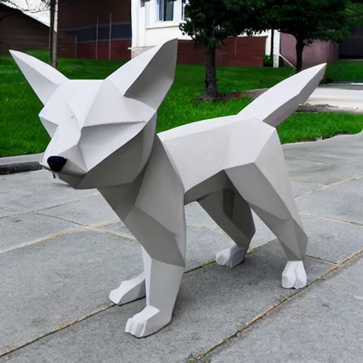 Image similar to a polygonal fox statue made from concrete