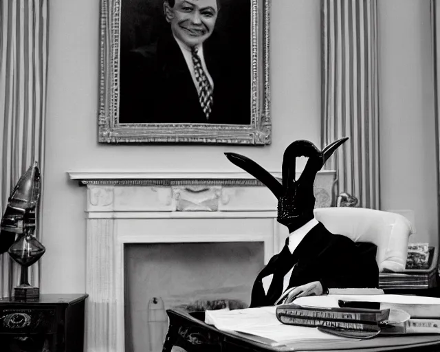 Image similar to a b-move alien lizard man wearing a suit, in the oval office, 1951, early black and white photo, cdx