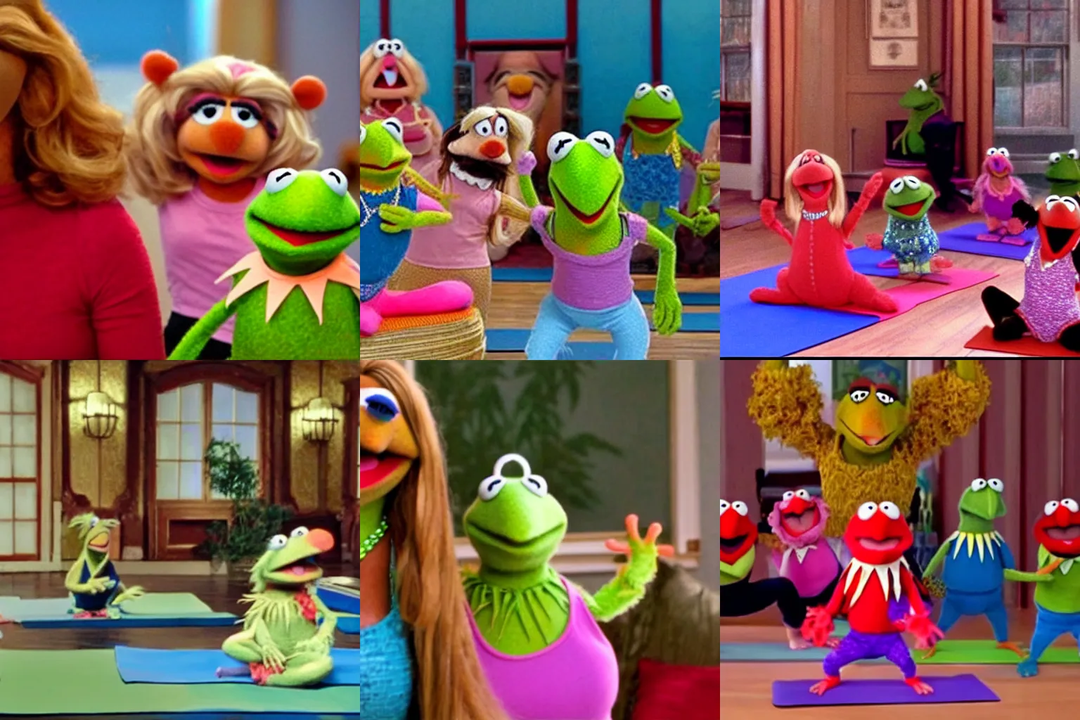 Prompt: the muppets doing yoga, screen capture from a muppets movie