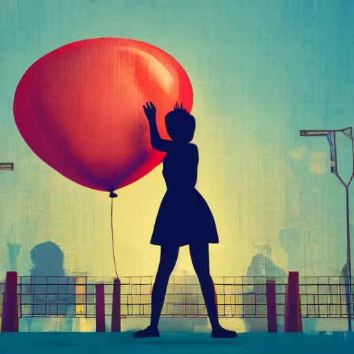 Image similar to a girl holding a balloon at a fairground. buildings with graffiti. silhouette. in the style of simon stalenhag