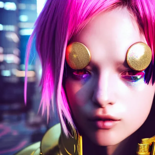 Image similar to hyperdetailed close portrait of a stunningly beautiful pink cyberpunk cute european girl with dark hair made of metals and shiny iridescent gems, dark rainbow nimbus, gold necklace, puffer jacket, inspired by ross tran and masamune shirow and kuvshinov, intricate, photorealistic, octane render, rtx, hdr, unreal engine, dnd digital art by artgerm