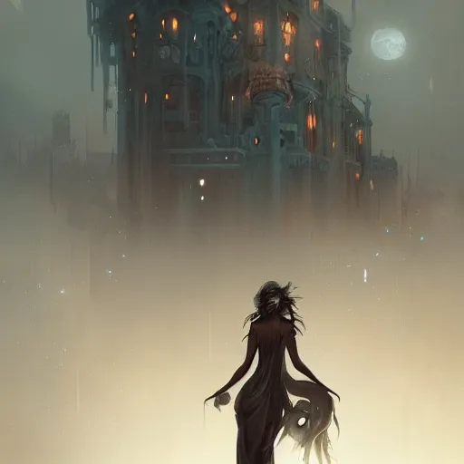 Image similar to a detailed illustration of a weeping woman against the background of a ravaged city and a dark moonlit sky, artstation, by Peter Mohrbacher, Art Nouveau, sophisticated, Unreal engine, dystopia, anti-utopia, post processing, nostalgic melancholic artwork, intricate