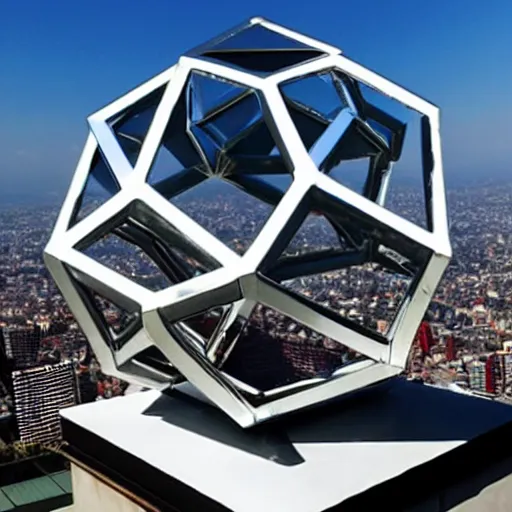 Image similar to ( very very large ) chrome dodecahedron! floating over a modern city