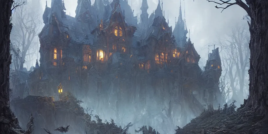 Image similar to a castle built in haunted forest, creepy fantasy ambience, D&D, fantasy, intricate, cinematic lighting, highly detailed, digital painting, artstation, concept art, smooth, sharp focus, illustration, art by Artgerm and Greg Rutkowski and Alphonse Mucha