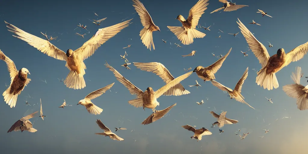 Image similar to a product picture of hundreds of birds flying, photographic filter, unreal engine 5, realistic, hyperdetailed, 8 k, cinematic, volumetric lighting, very realistic effect, hd, hdr, 4 k, sharp focus, octane render, ultra detailed, high resolution, trending on artstation in the style of albert dros glowing rich colors powerful imagery