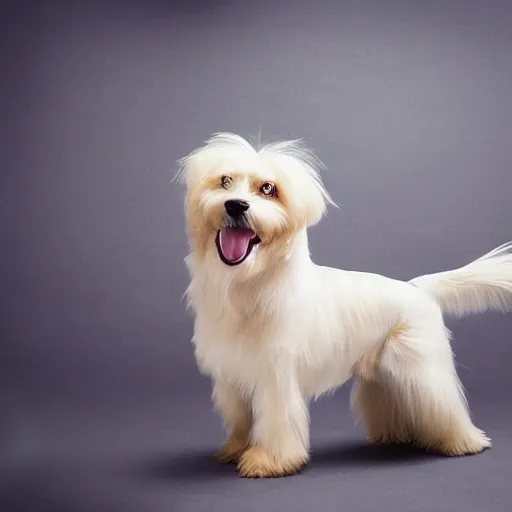 Image similar to cream - colored havanese dog as beyonce, fashion photography, studio lighting