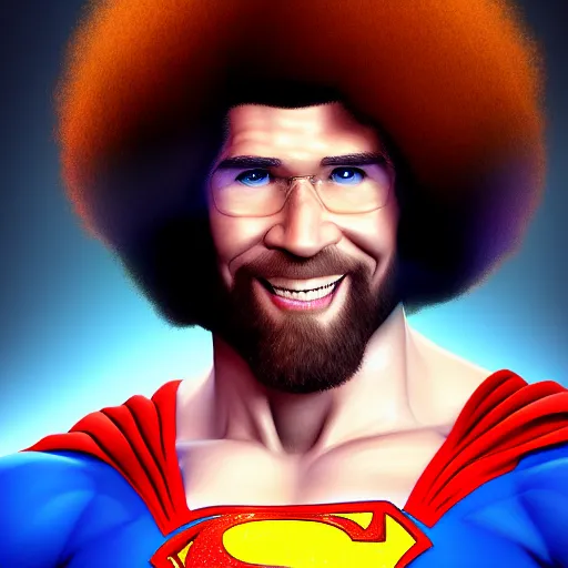 Image similar to award winning commission portrait of bob ross as superman,digital art,hyperdetailed,detailed face,ross tran,character design by charles bowater,deviantart,artstation,photorealistic,4k