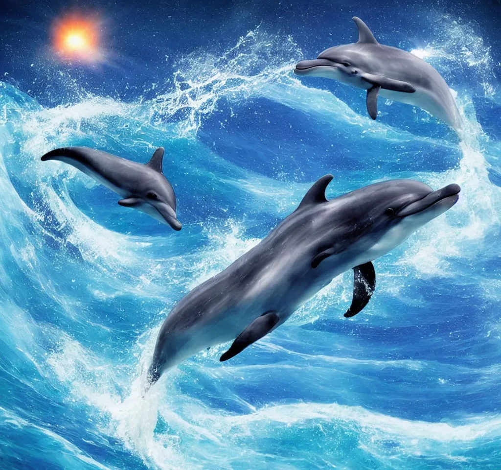 Prompt: dolphin riding a wave in space, realistic, colorful, astral,