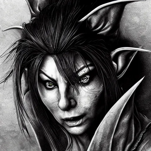 Image similar to a game art portrait, powerful female angry fantasy elf witch, by Takehiko Inoue, hyperrealism