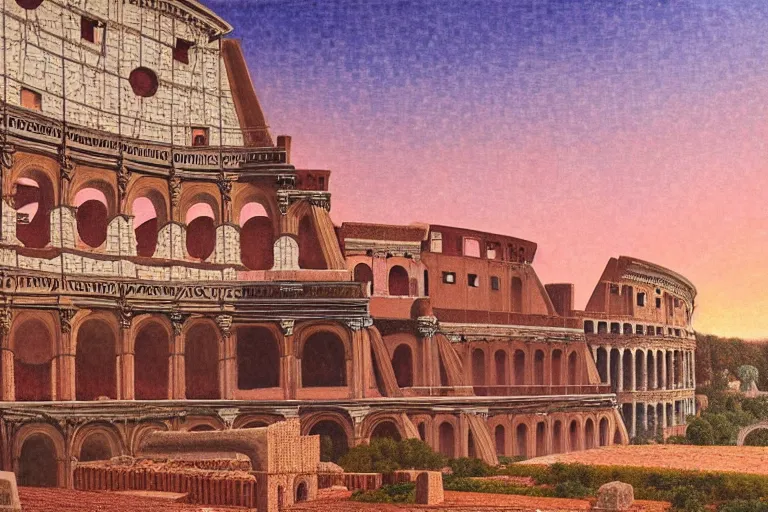 Prompt: painting of a the ancient rome, coliseum, sunset, chill, romantic, by ludwig deutsch and maxfield parrish, patterned tilework, extremely detailed, cinematic lighting, smooth sharp focus