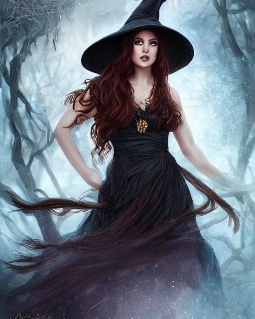 Prompt: a beautiful female modern witch, 8 k, hyperrealistic, dark hair very long, no hat, hyperdetailed, fantasy portrait by laura sava