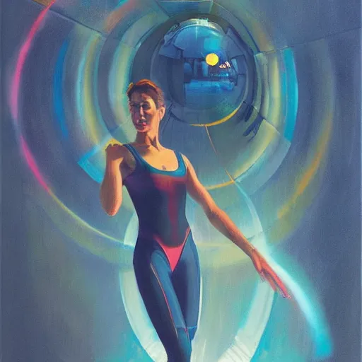 Image similar to woman in flight suit, large hadron collider, dimensional portal, teleportation, wet reflections, prism, atmospheric, ambient, pj crook, syd mead, livia prima, artgerm, greg rutkowski, nick alm, casey baugh