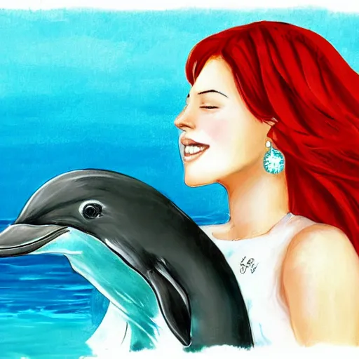 Image similar to a portrait of a red headed young woman hugging a dolphin in a scenic environment, by Kawacy