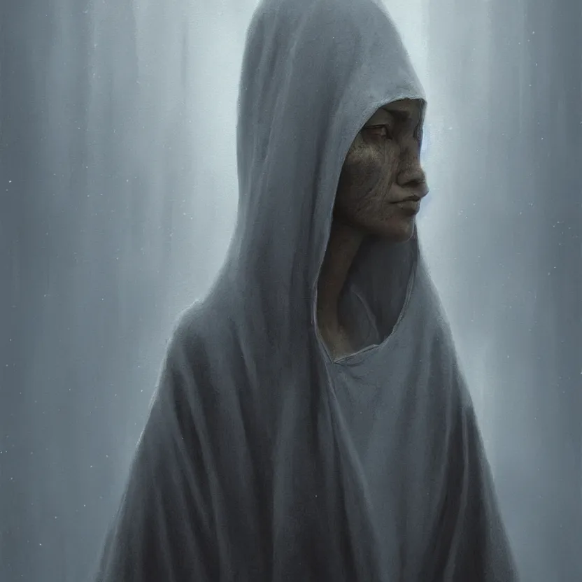 Prompt: A young woman wearing a hooded robe, anatomically correct, perfect face, cinematic lighting, candid, intricate, elegant, highly detailed digital painting, trending on Artstation, concept art, smooth, sharp focus, illustration and art by Beksinski, by Simon Stalenhag