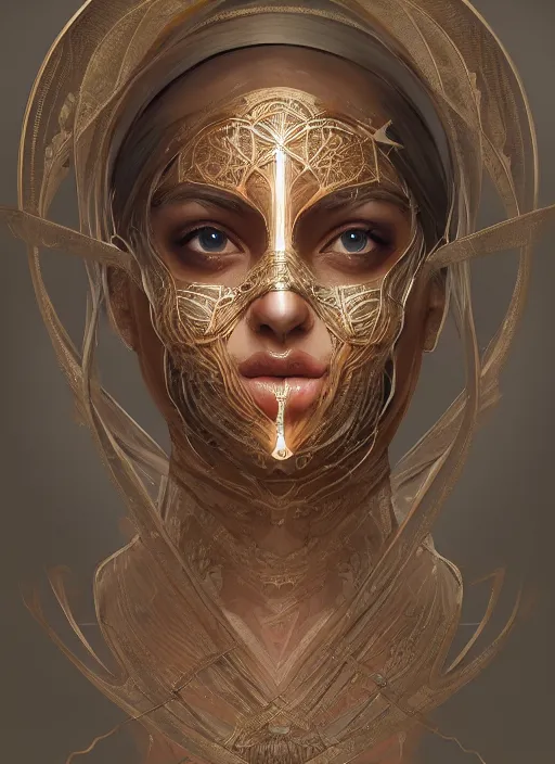 Image similar to symmetry!! masks, machine parts embedded into face, intricate, elegant, highly detailed, digital painting, artstation, concept art, smooth, sharp focus, illustration, art by artgerm and greg rutkowski and alphonse mucha, 8 k