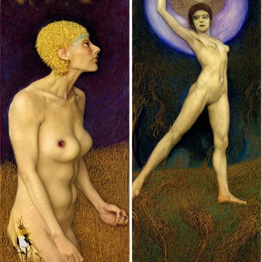 Image similar to masterpiece full body of a goddess in the cosmos with a human skull in one hand and a staff of wheat in the other, by Edgar Maxence and Ross Tran and Michael Whelan and Gustav Klimpt