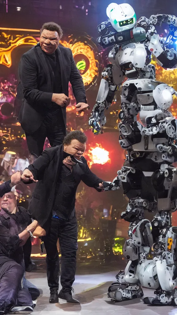 Prompt: craig charles engaged in hand to hand combat with one of the robots on robot wars uk